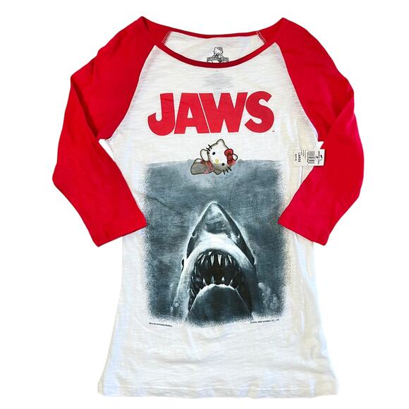 NWT Hello Kitty x Universal Studios Sanrio Jaws Poster 3/4-Sleeve Baseball Tee - Picture 1 of 6